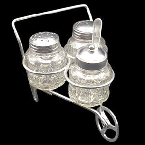 Vintage Condiment Wheelbarrow 3 Clear Cut Glass Containers Shakers & Jam Spoon